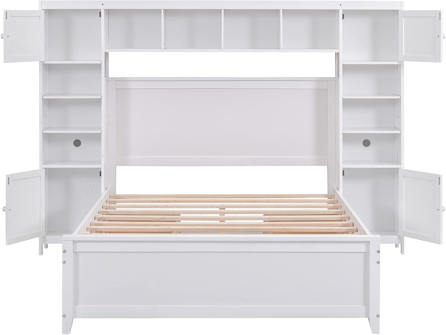 SOFTSEA Full Size Platform Bed with Bookcase Headboard, Full Storage Bed with 4 Drawers, Solid Wood Bed Frame with Storage Cabinets and Shelves for Kids Adults, No Box Spring Needed, White
