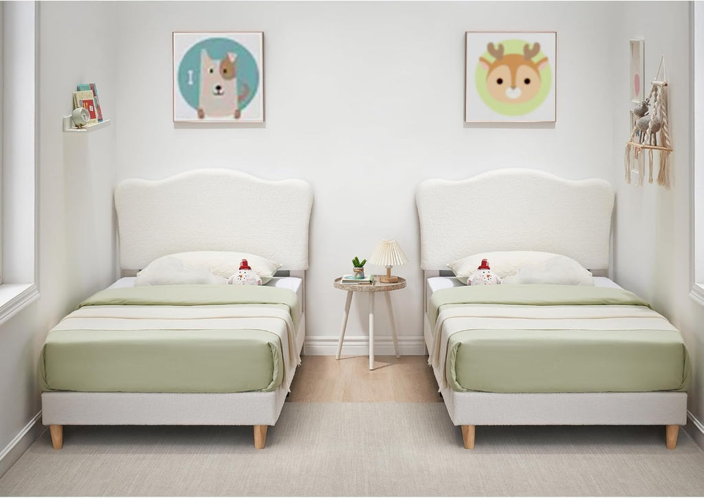 GarveeHome Upholstered Twin Size Bed Frame for Kids with Scallop Headboard, Cute Velvet Twin Bed for Girls, Boys, Sturdy Platform Bed, No Box Spring Needed, Wooden Slats, Noise Free, Beige