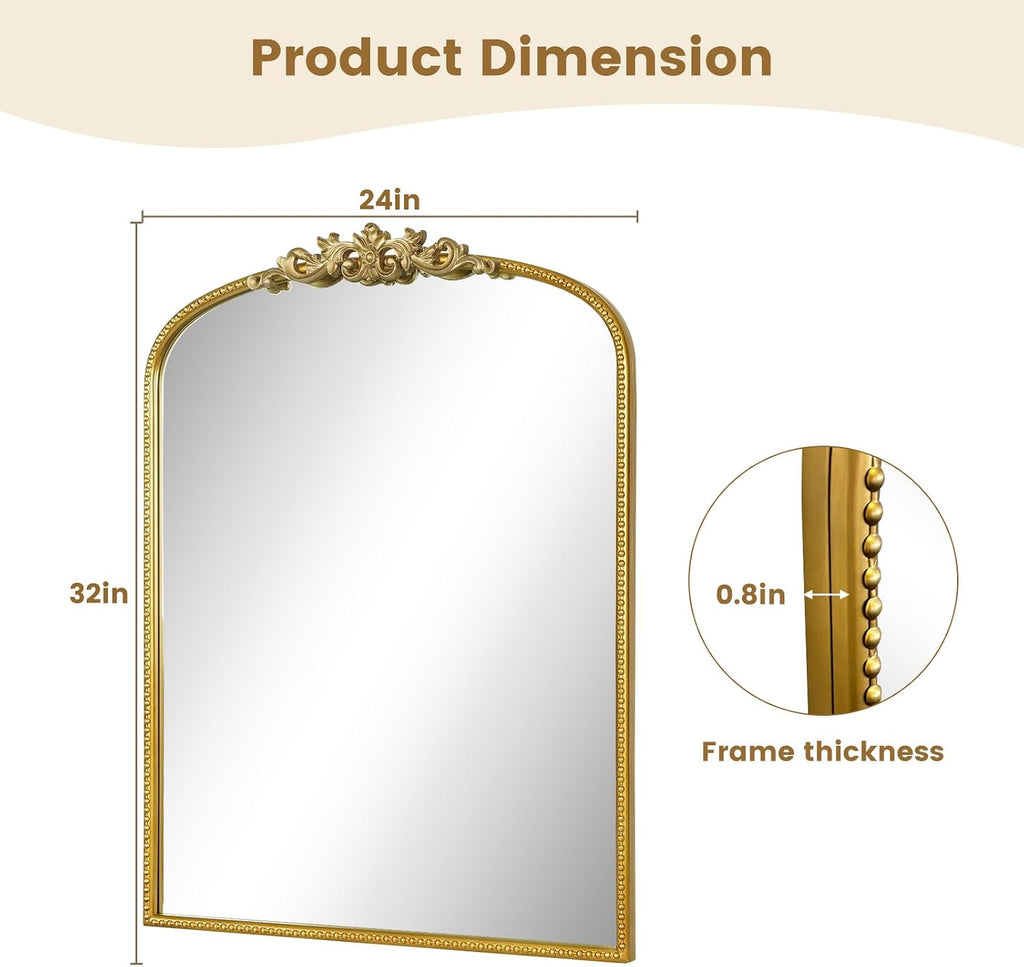 WallBeyond Gold Vintage Mirror for Vanity 24x32 Inch, Gold Antique Mirror with Ornate Frame, Arched Vintage Wall for Bathroom, Living Room, Fireplace, Entryway