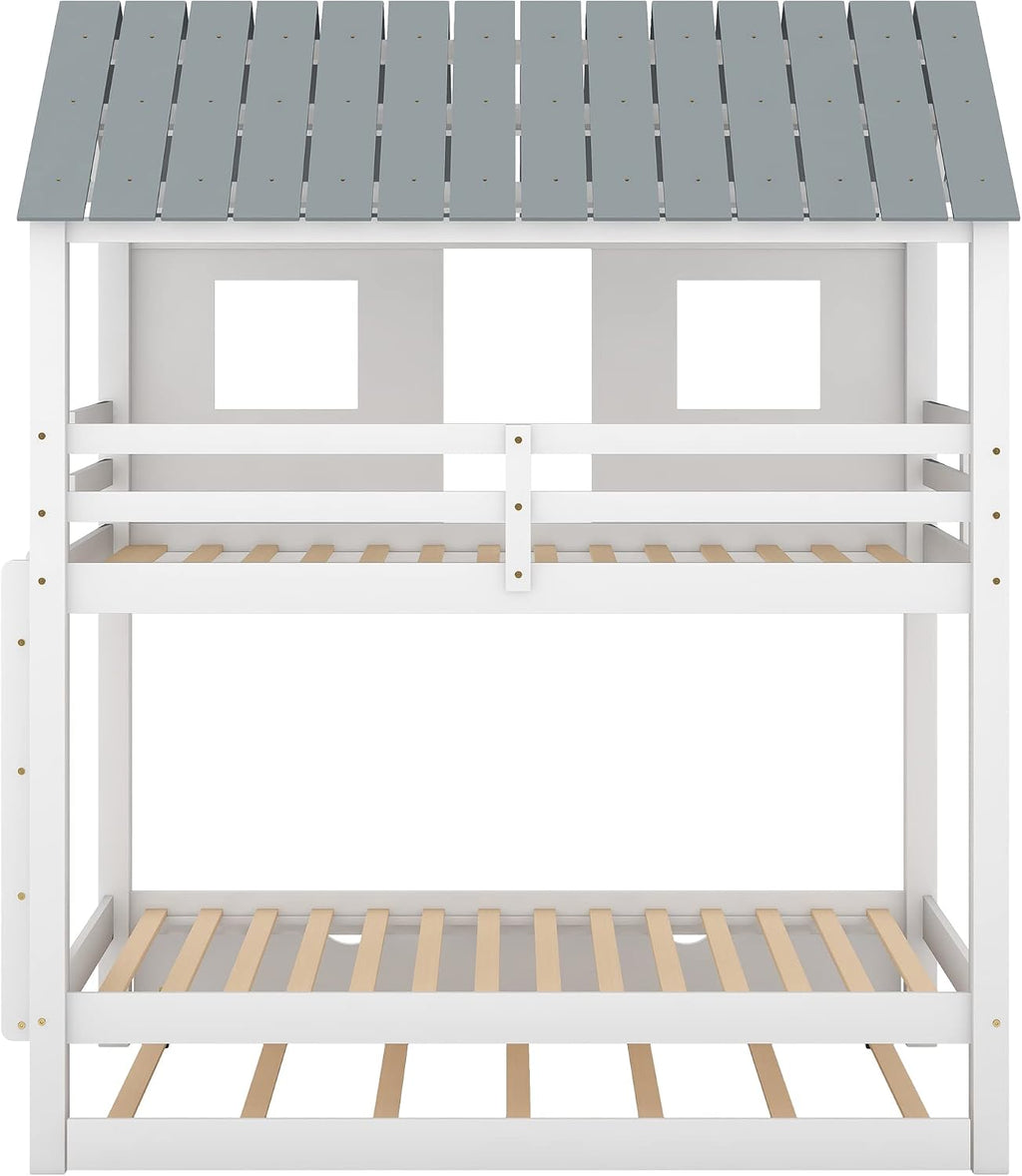 Polibi Twin-Over-Twin House Bunk Bed with Trundle, Twin Size Wooden House Bunk Bed with Roof, Windows, Ladder and Guardrails