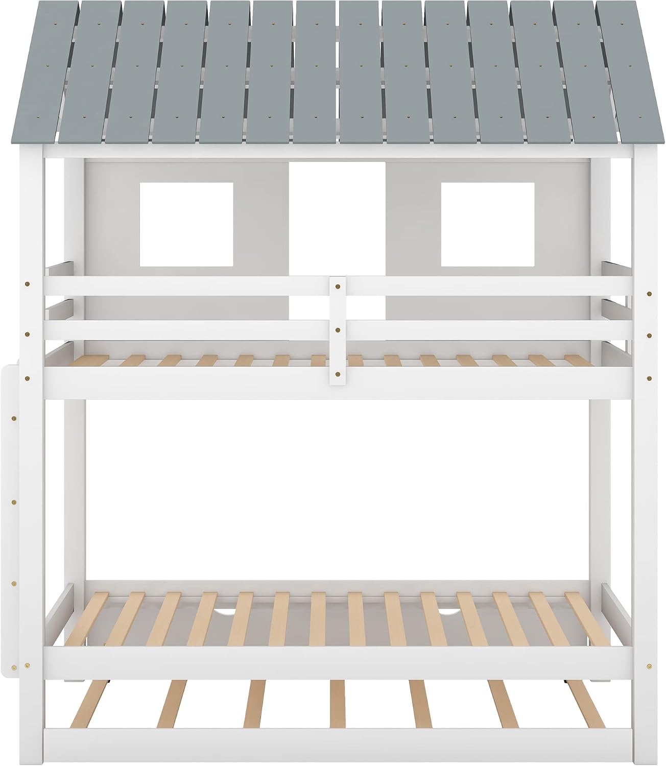 Polibi Twin-Over-Twin House Bunk Bed with Trundle, Twin Size Wooden House Bunk Bed with Roof, Windows, Ladder and Guardrails