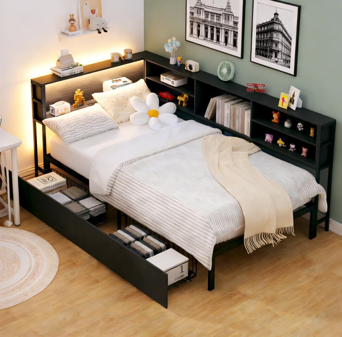 Bellemave Twin Corner Bed Frame with Storage, Twin Size Captains Bed with Charging Station and LED Light, Wood Daybeds with L-Shaped Bookcase and 2 Drawers, Black