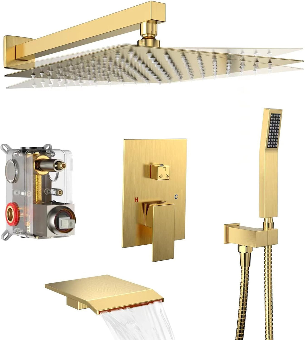 Rain Shower System 12 inch Shower Faucet Set with Tub Spout,Bathroom Wall Mounted Waterfall Shower Head Bath tub Faucet Sets Complete with Handheld Spray,Included Valve Body and Trim kit,Brushed Gold