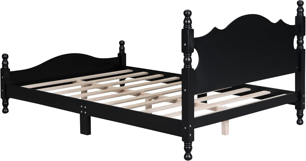 Flieks Full Size Wood Platform Bed Frame for Boys Girls Kids Toddler,Retro Style Platform Bed with Wooden Slat Support,Black