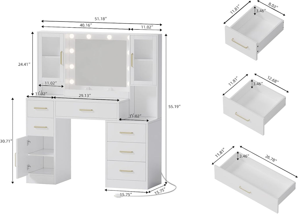 TOKSOM 51' Vanity Desk with Mirror and Lights & Charging Station, Bedroom Dressing Table, Large Vanity Set, 6 Drawers and 2 Cabinets, Makeup Vanity Table with Charging Station, Without Stool