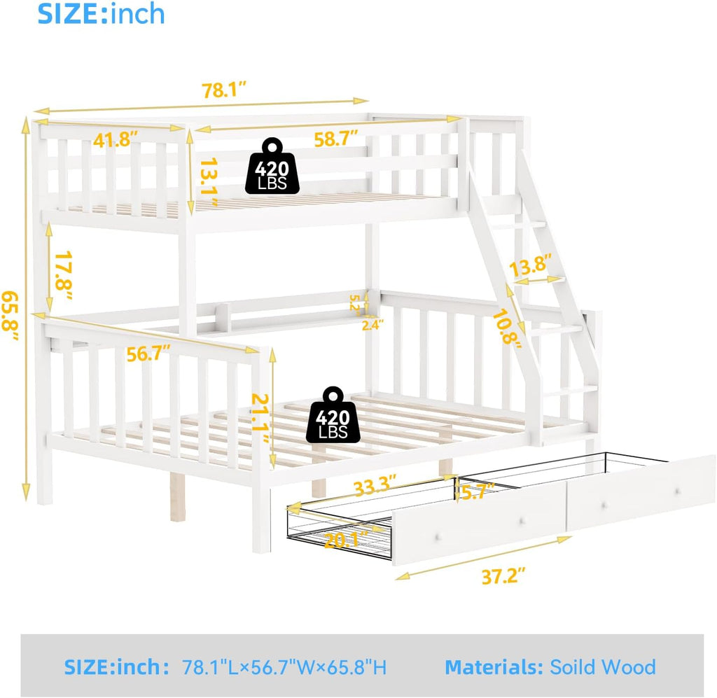 FJTJBSI Solid Wood Bunk Bed with Charging Station and LED Lights Detachable Bunk Bed Twin Over Twin with 2 Storage Drawers Full Size Bed Frame with Guardrail and Ladder for Kids Adults Bedroom