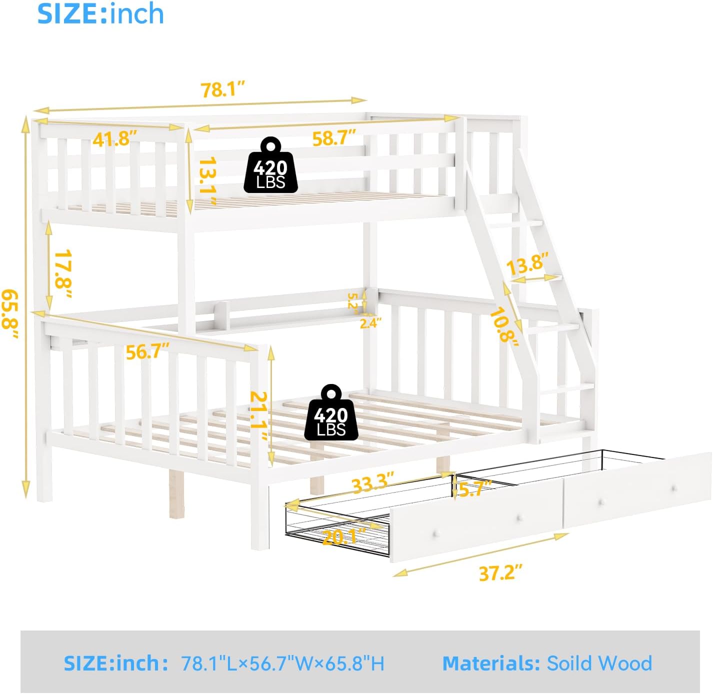 FJTJBSI Solid Wood Bunk Bed with Charging Station and LED Lights Detachable Bunk Bed Twin Over Twin with 2 Storage Drawers Full Size Bed Frame with Guardrail and Ladder for Kids Adults Bedroom