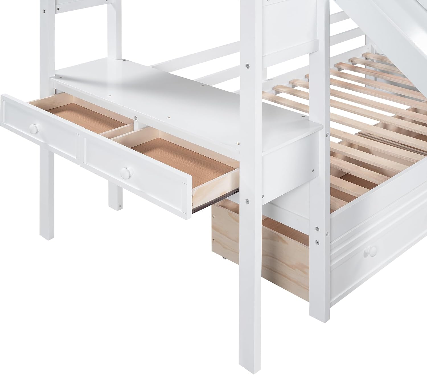 Merax Twin Over Twin Bunk Bed with Storage Staircase & Desk, Wood Bedframe with 2 Pull Out Drawers,Sturdy Bedroom Furniture Set for Boys Girls Teens (White)