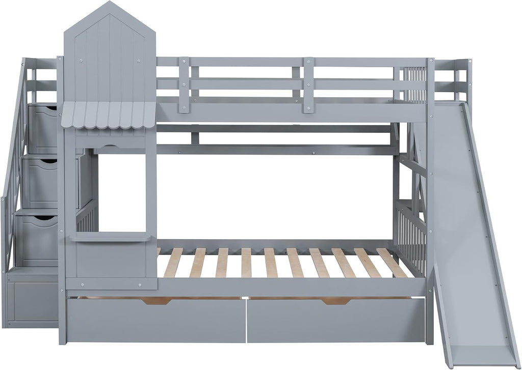 Harper & Bright Designs Full Over Full Bunk Bed with Stairs and Slide, Solid Wood Bunk Bed Frame with Storage Drawers and Bookshelves, for Kids Teens Adults- Gray