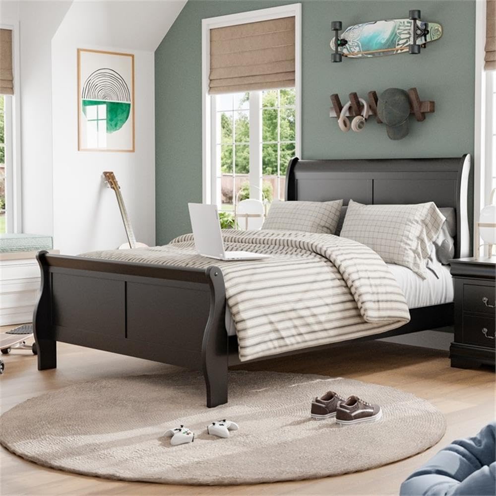 BOWERY HILL Transitional Solid Wood Panel Twin Bed, Black Finish, Sleigh Design, 83.5' L x 41.38' W x 47.25' H, Robust Frame, Paneled Headboard, Kids Bedroom Furniture