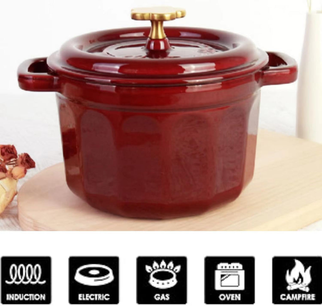 2QT Cast Iron Dutch Oven, Enamel Coated Cookware Pot with Star Knob for Home Baking, Braiser, Cooking, Red (2 Quart)