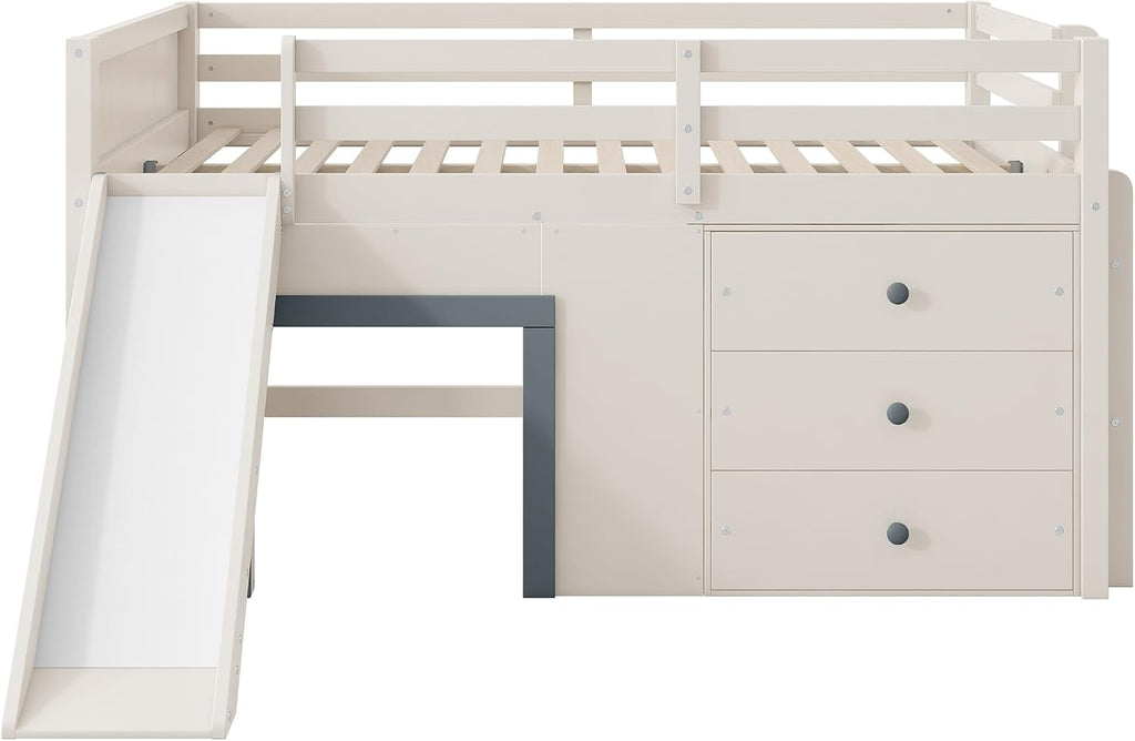 Harper & Bright Designs Low Loft Bed Full Size with Slide and Drawers for Saving Spcae, Wood Loft Bed Frame with Storage, Beige+Grey