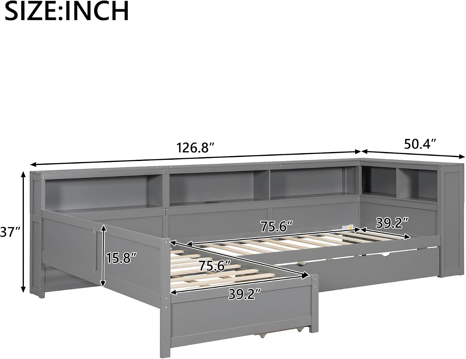 Ball & Cast Twin Size L-Shaped Platform Bed with Trundle and a Drawer,Wood Daybed Frame w/Charging Station & Slat Support,Space-Saving Bedroom Furniture for Dorm,Apartment,Grey
