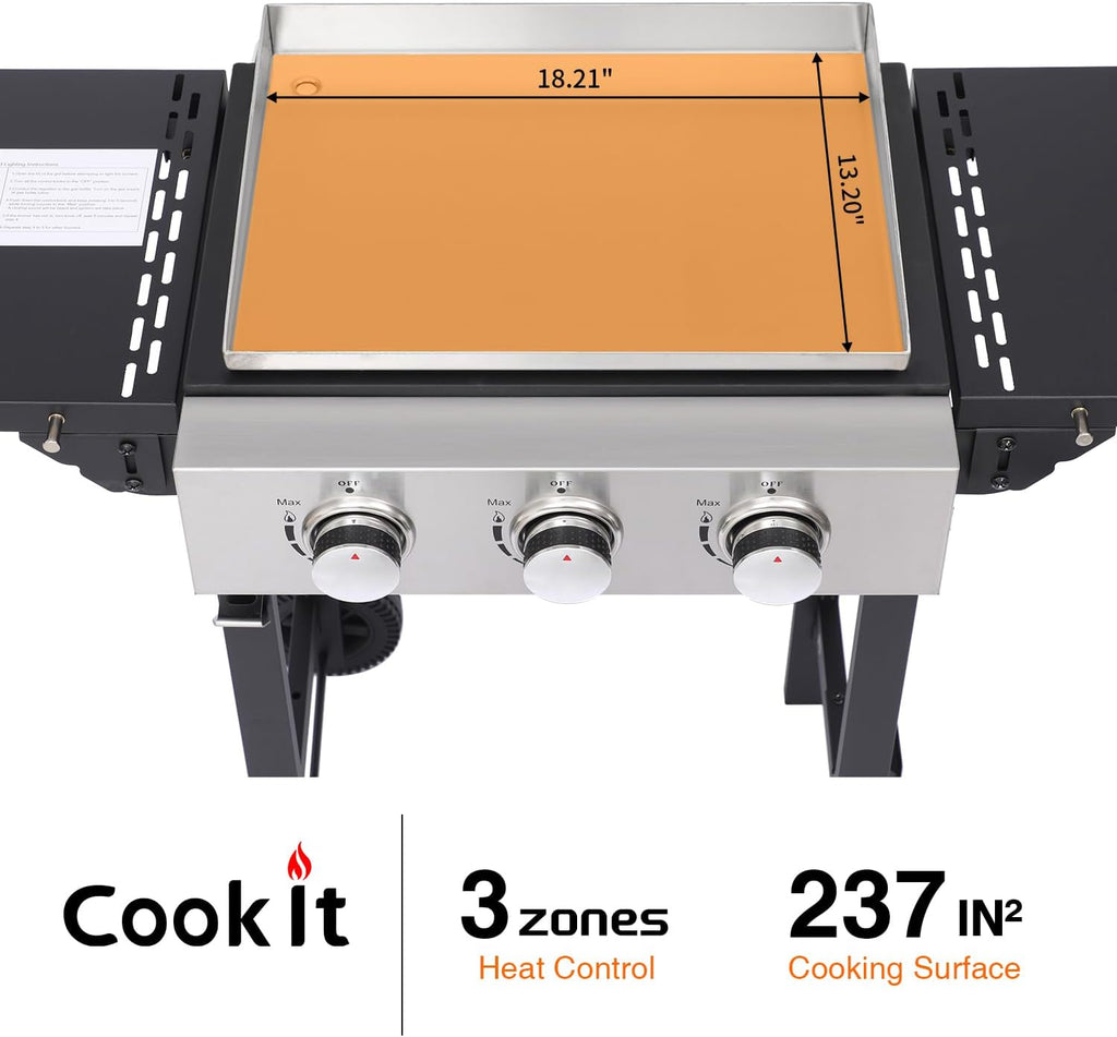 3-Burner Flat Top Gas Grill with Stainless Steel Griddle, Includes Cover & Regulator - Perfect for Camping, Tailgating, Backyards