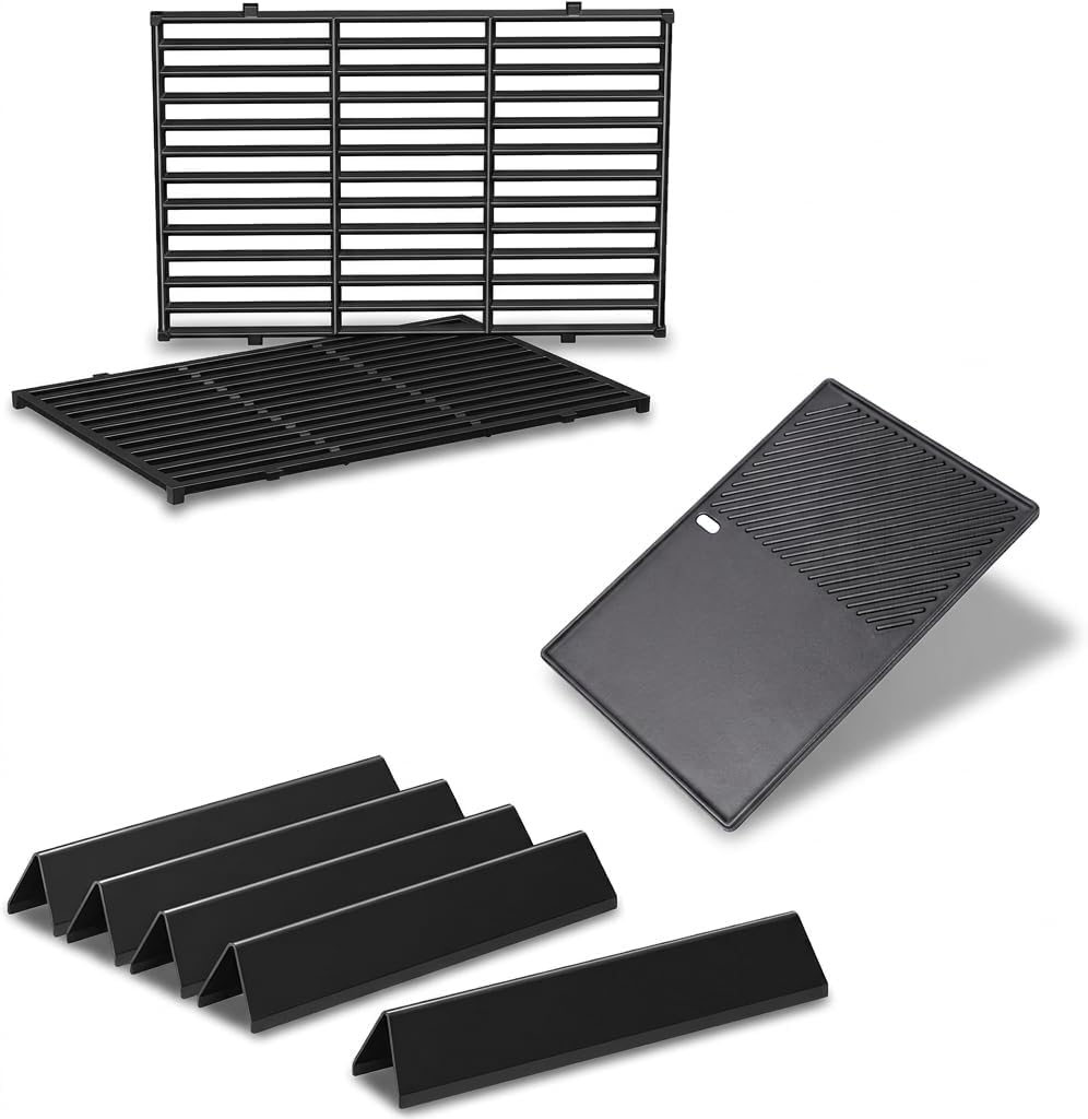 QuliMetal Reversible 7598 Griddle Replacement and 17.5' Grill Grates 15.3' Flavorizer Bars for Weber Spirit 300 & GS4 Spirit II 300, Spirit E-310 E-315 Grills with Front Control Knobs