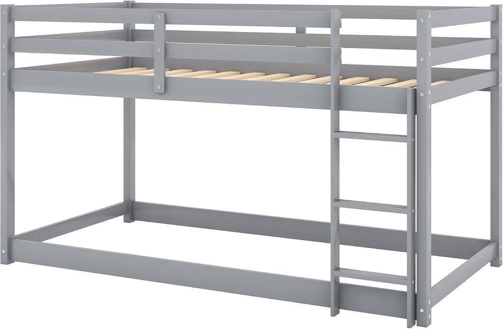 Low Bunk Bed Twin Over Twin, Solid Wood Floor Bunk Bed Frame with Ladder & Safety Guardrails, Twin Bunk Beds for Kids Boys and Girls, Saving Space, No Box Spring Needed, Gray