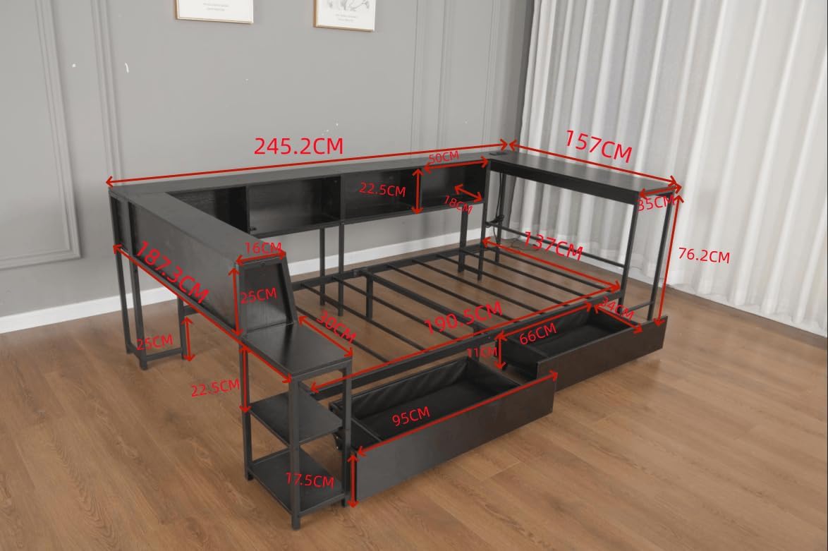 Bellemave Twin Corner Bed Frame with Desk and Storage, Twin Captains Beds with Charging Station,LED Light, Wood Daybeds with L-Shaped Bookcase and 2 Drawers, Black