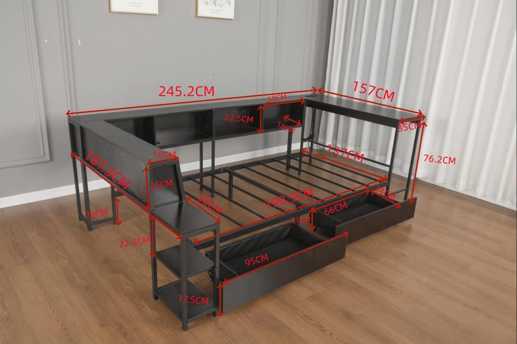 Bellemave Full Corner Bed Frame with Desk and Storage, Full Size Captains Bed with Charging Station and LED Light, Wood Daybeds with L-Shaped Bookcase and 2 Drawers, Black