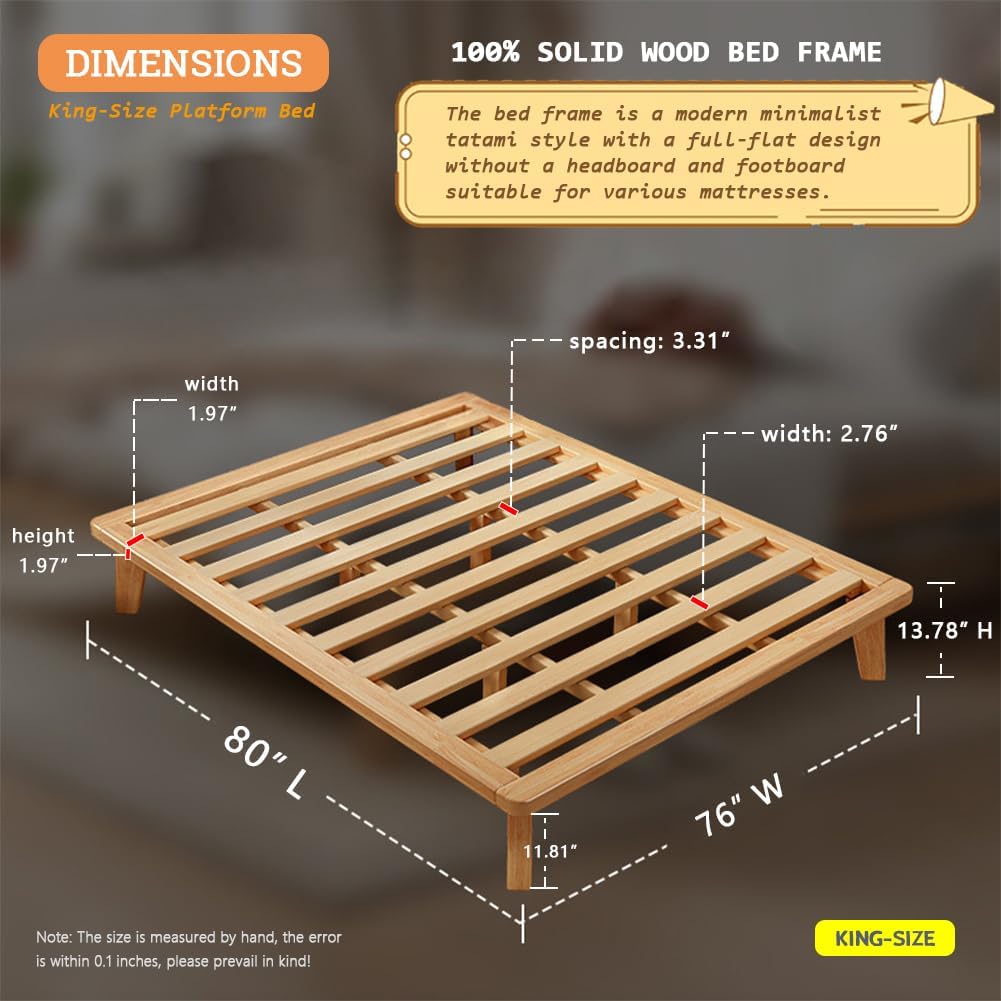 NELYE King Platform Bed Base - 14 Inch Solid Wood Mattress Foundation with Support Slats and Legs, King-Size Rubberwood Simple Bed Frame