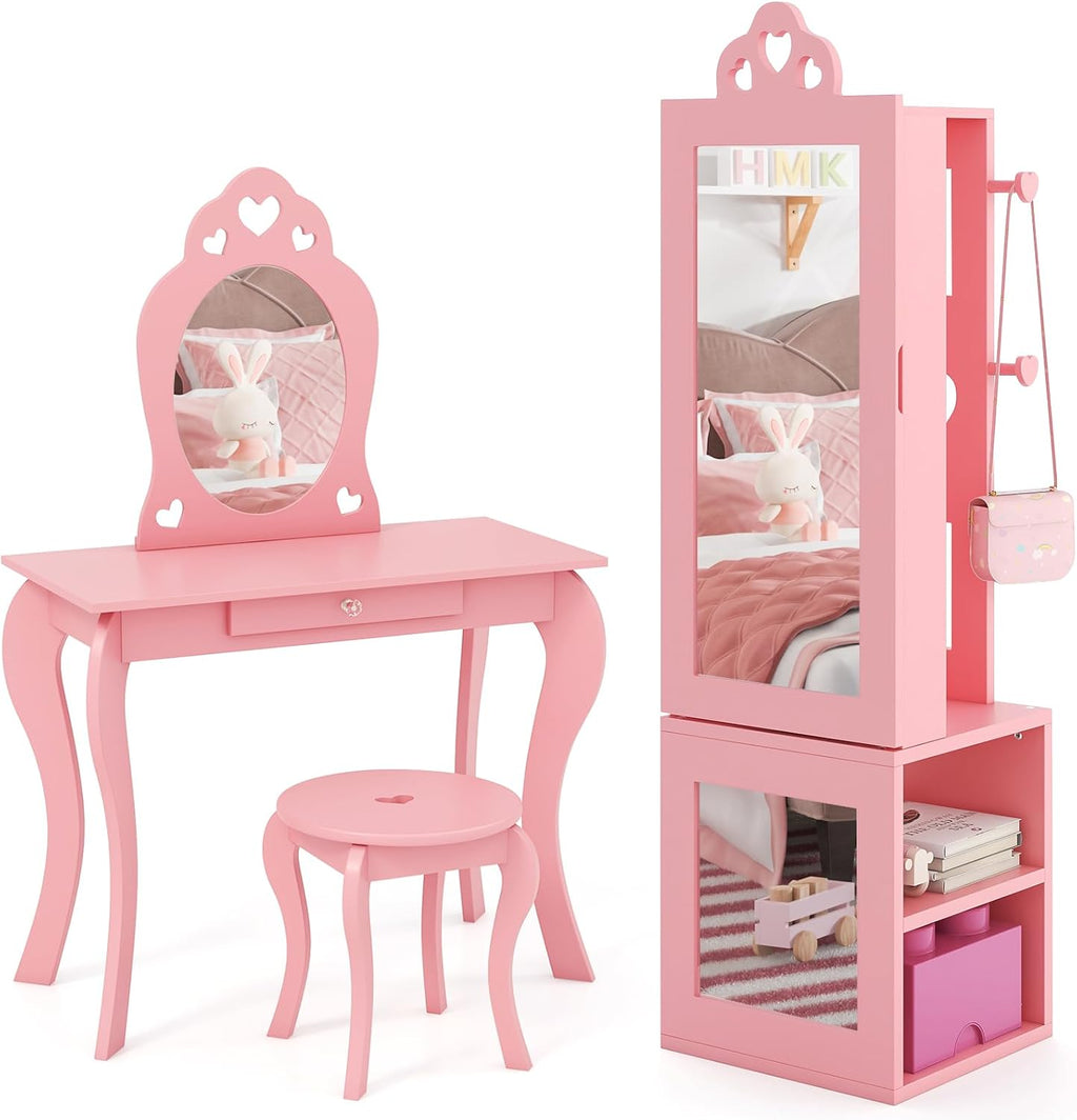 Costzon Kids Vanity & Jewelry Armoire Cabinet, Wooden Vanity Table and Chair Set, Standing Jewelry Organizer with Full-Length Mirror, Large Storage, Kids Bedroom Furniture Set for Girls (Pink)