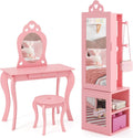 Costzon Kids Vanity & Jewelry Armoire Cabinet, Wooden Vanity Table and Chair Set, Standing Jewelry Organizer with Full-Length Mirror, Large Storage, Kids Bedroom Furniture Set for Girls (Pink)