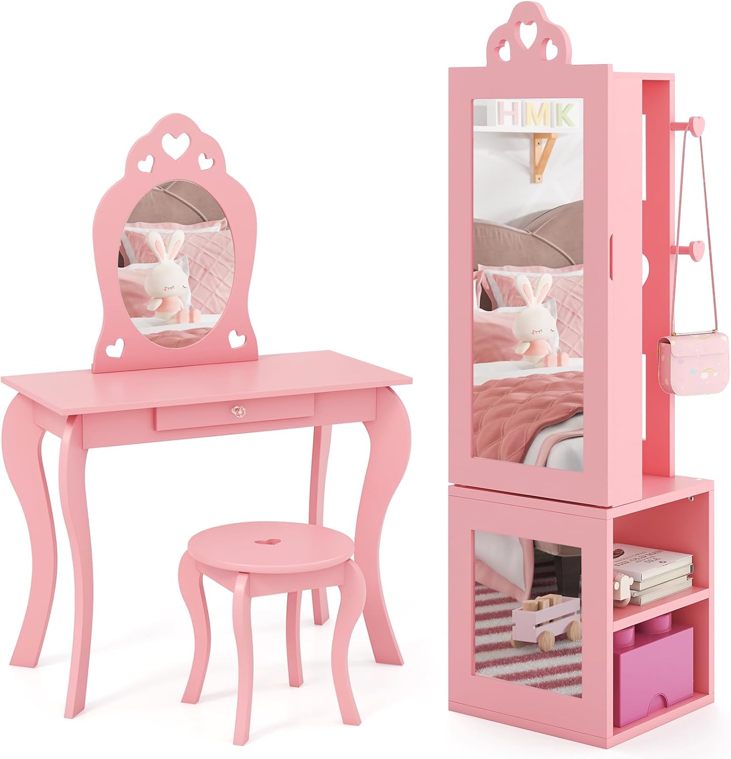 Costzon Kids Vanity & Jewelry Armoire Cabinet, Wooden Vanity Table and Chair Set, Standing Jewelry Organizer with Full-Length Mirror, Large Storage, Kids Bedroom Furniture Set for Girls (Pink)