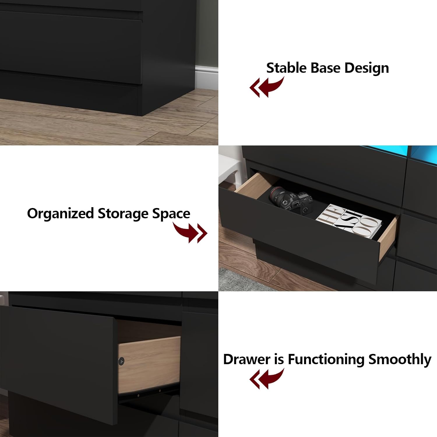 Gyfimoie 9 Drawer Double Dresser with Power Outlet, Accent Chests of Drawers with LED Light, Modern White Storage Dresser with Charging Station (Mirror Not Included) (9 Drawers-Black)