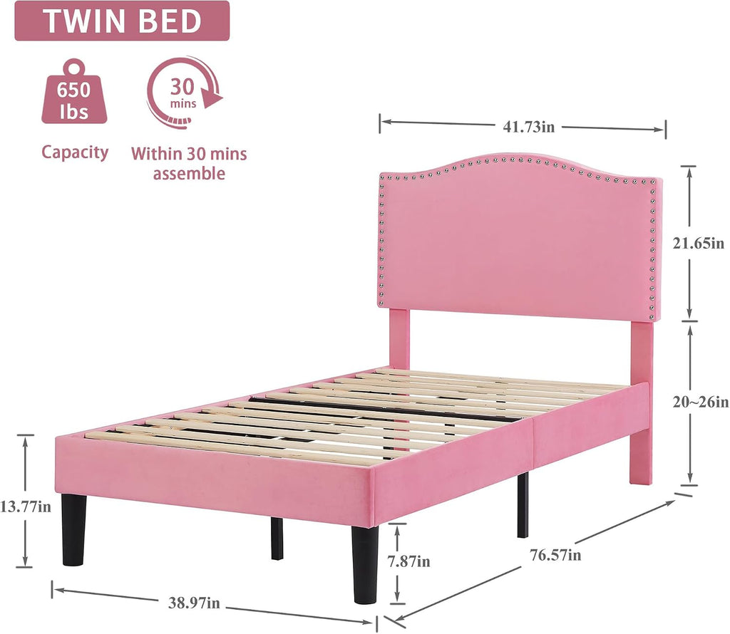 VECELO Twin Bed Frame, Platform Bed Frame with Adjustable Height Upholstered Headboard, Heavy-Duty Frame and Strong Wooden Slats Support, Non-Slip and Noise-Free, Easy Assembly, Pink