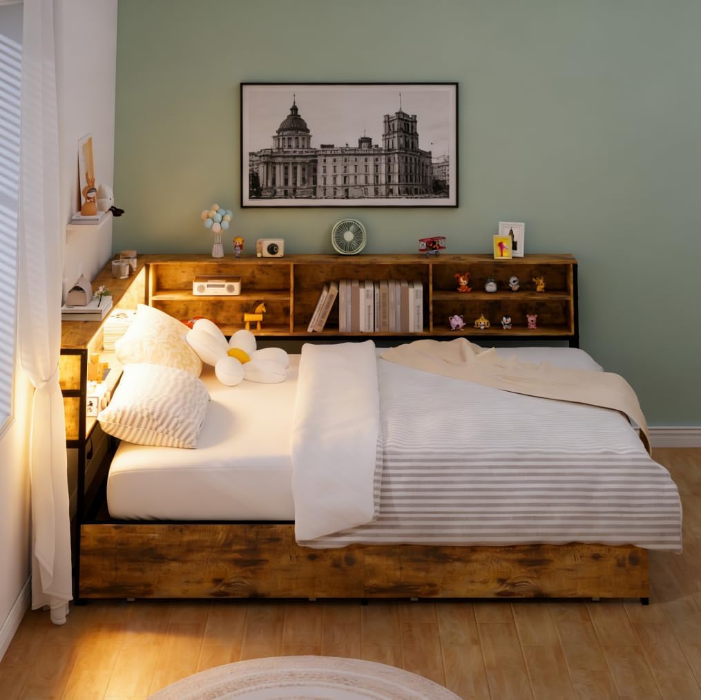 Bellemave Full Corner Bed Frame with Storage, Full Captains Bed with Charging Station, LED Light, Wood Daybeds with L-Shaped Bookcase and 2 Drawers, Brown