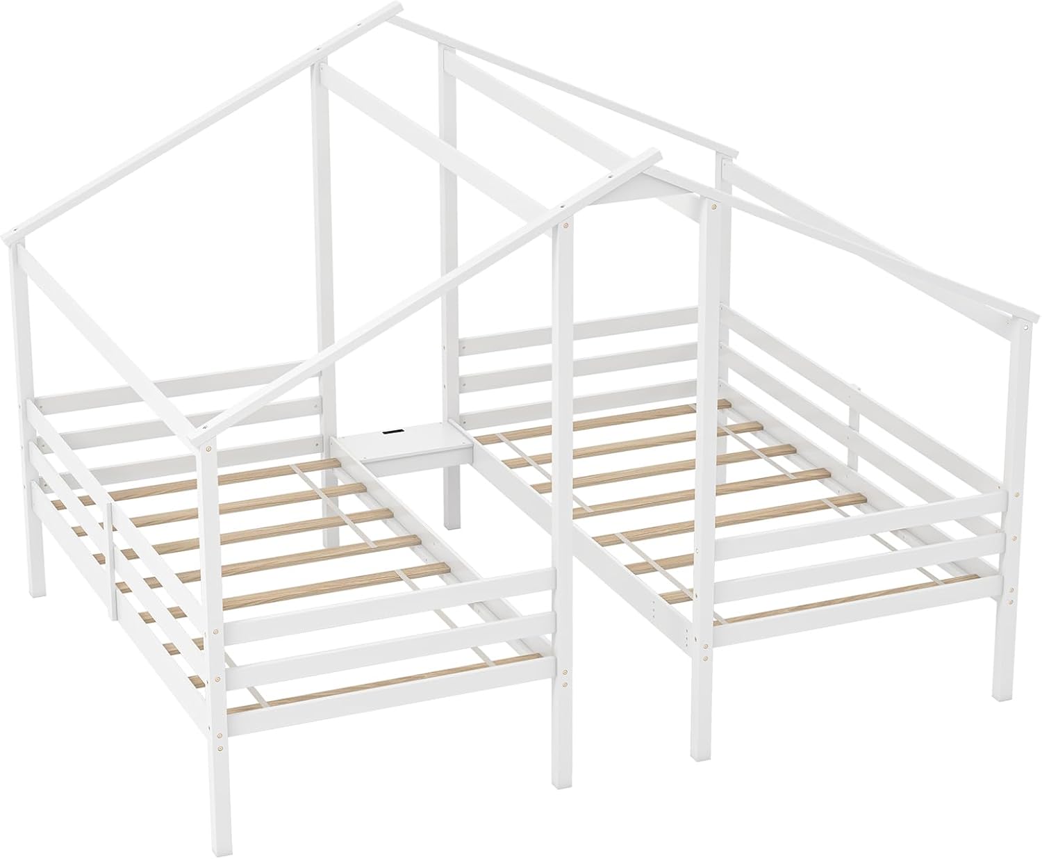 Giantex Double Twin Bed Frames for Kids, Wood House Shaped Platform with Built-in Nightstand & USB Port, 2 Shared Beds for Teens, Boys & Girls, White