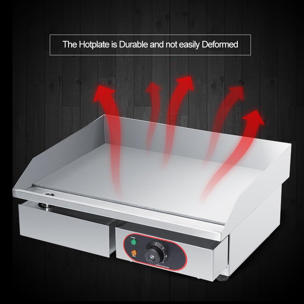 Commercial Electric Griddle Flat Top Stainless Steel Plate Countertop Hotplate Kitchen Grill BBQ Fried Pans Table-top Temp Control with Oil Leaking Hole and Removable Oil Drawer 55 x 45 x 23cm