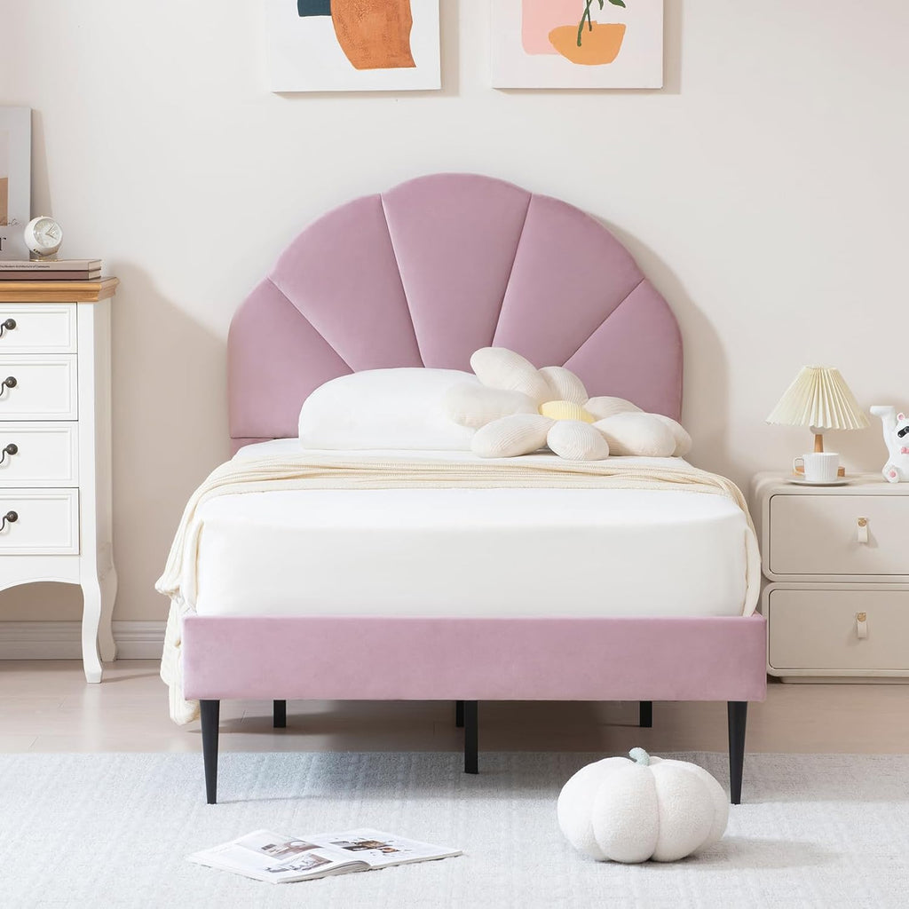 VELOCAVA Pink Twin Bed with Seashell Headboard, Velvet Upholstered Platform Bed Frame for Girls Kids with Wooden Slats Support, No Box Spring Needed, Easy Assembly, Princess Pink Bed