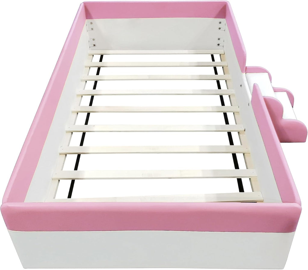 VilroCaz Twin Size Upholstered Daybed Frame with Fence and Stairs, Montessori Kids Floor Bed with Sturdy Slat Support for Kids Boys Girls
