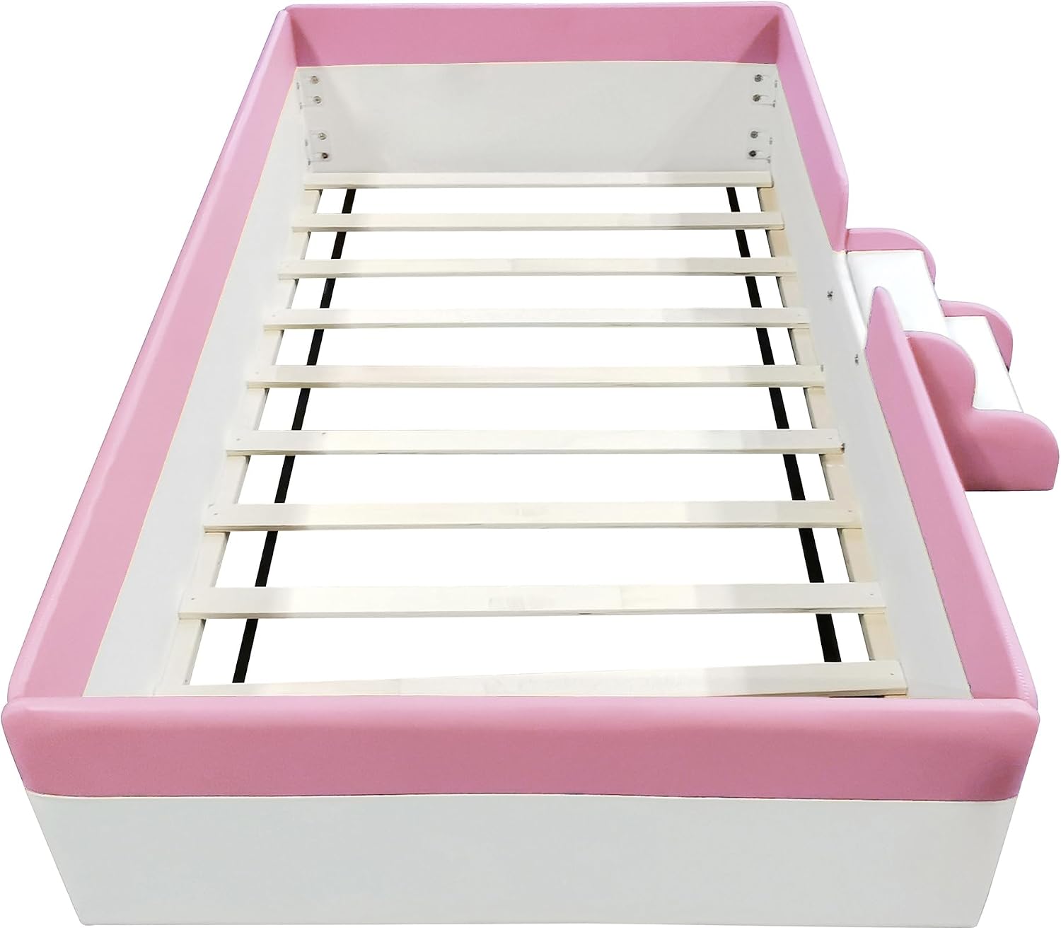 VilroCaz Twin Size Upholstered Daybed Frame with Fence and Stairs, Montessori Kids Floor Bed with Sturdy Slat Support for Kids Boys Girls