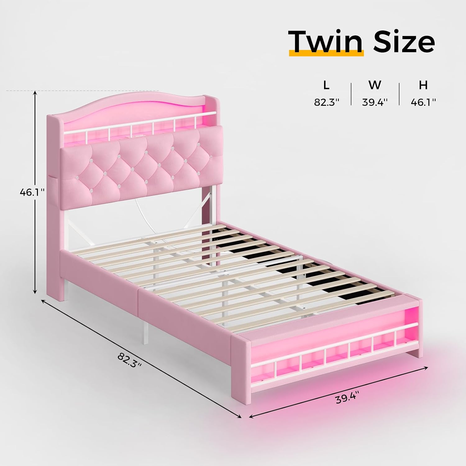 BTHFST Twin Szie Girls Bed with LED Lights & Charging Station, Princess Twin Size Bed Frame with Hidden Storage Headborad, Sturdy Platform Bed, No Box Spring Needed/Noise-Free/Easy Assembly, Pink