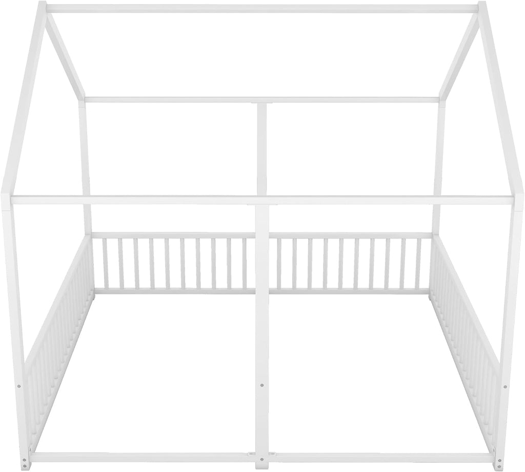 PVWIIK Full Double Montessori Floor Bed with Fence & Roof for Two Kids Teens Boys Girls,Full Floor Bed,Easy Assemble,No Box Spring Needed, White