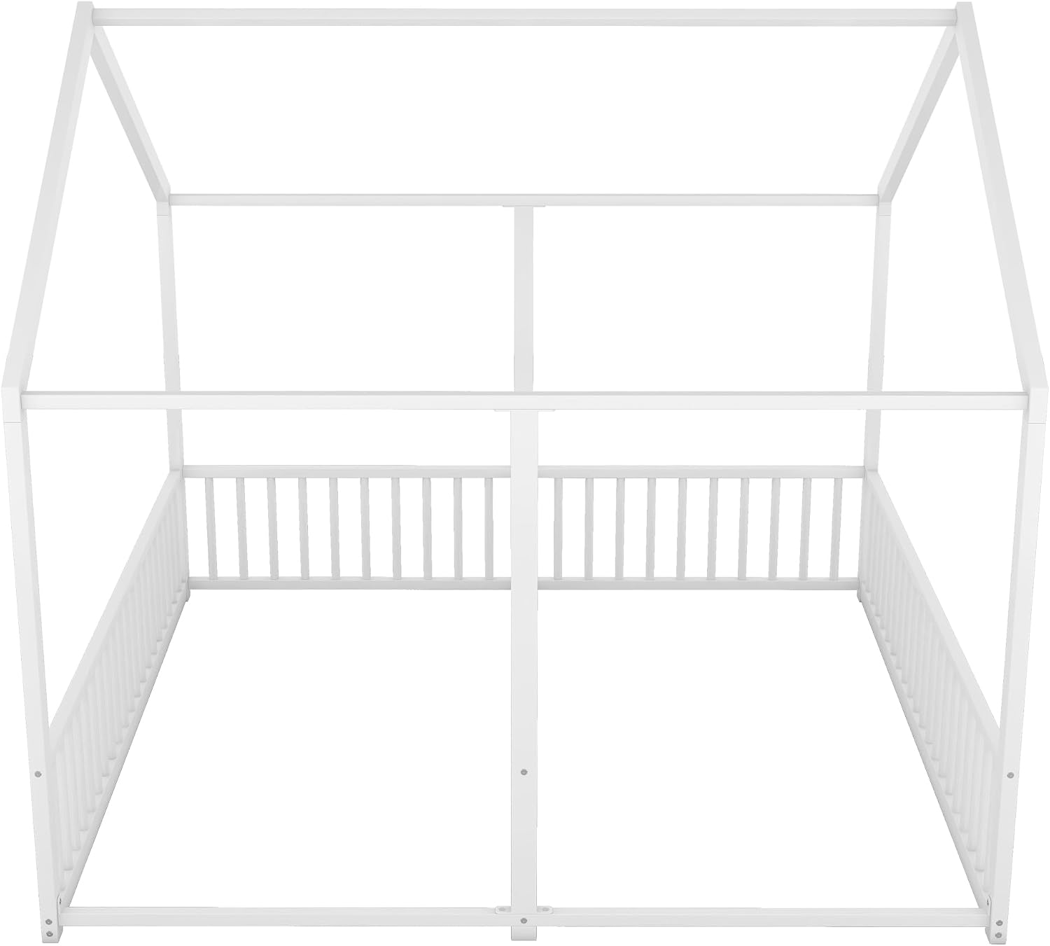 PVWIIK Full Double Montessori Floor Bed with Fence & Roof for Two Kids Teens Boys Girls,Full Floor Bed,Easy Assemble,No Box Spring Needed, White