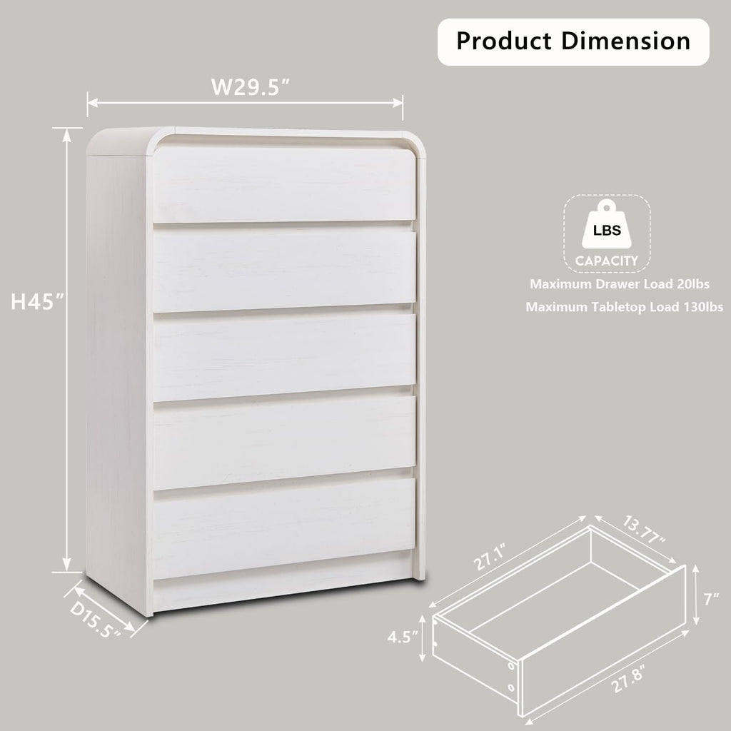 Aitjunz Modern 5 Drawers Dresser for Bedroom, 45' Tall Dressers & Chests of Drawers w/Curved Profile Design, Wood Mid Century Vertical Dresser w/Natural Texture for Bedroom, Living Room, Antique White