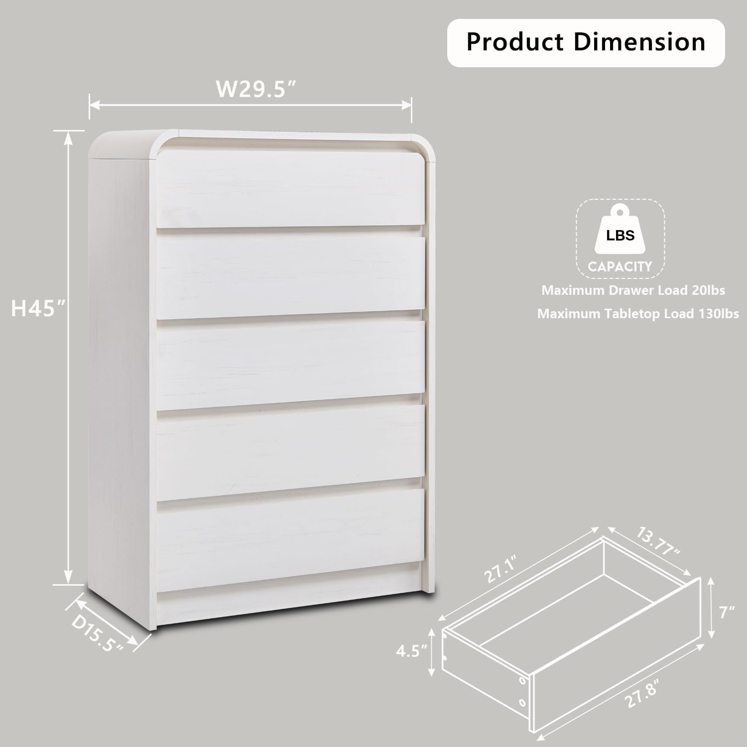 Aitjunz Modern 5 Drawers Dresser for Bedroom, 45' Tall Dressers & Chests of Drawers w/Curved Profile Design, Wood Mid Century Vertical Dresser w/Natural Texture for Bedroom, Living Room, Antique White