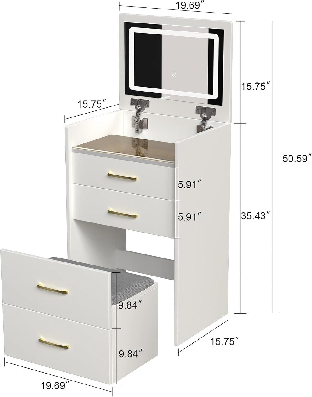 3 in 1 Vanity Desk with Open Top Mirror,Small Make Up Vanitys Set with Visible Glass Desktop,Compact Makeup Vanity with 3 Drawers,Dressing Table for Bedroom