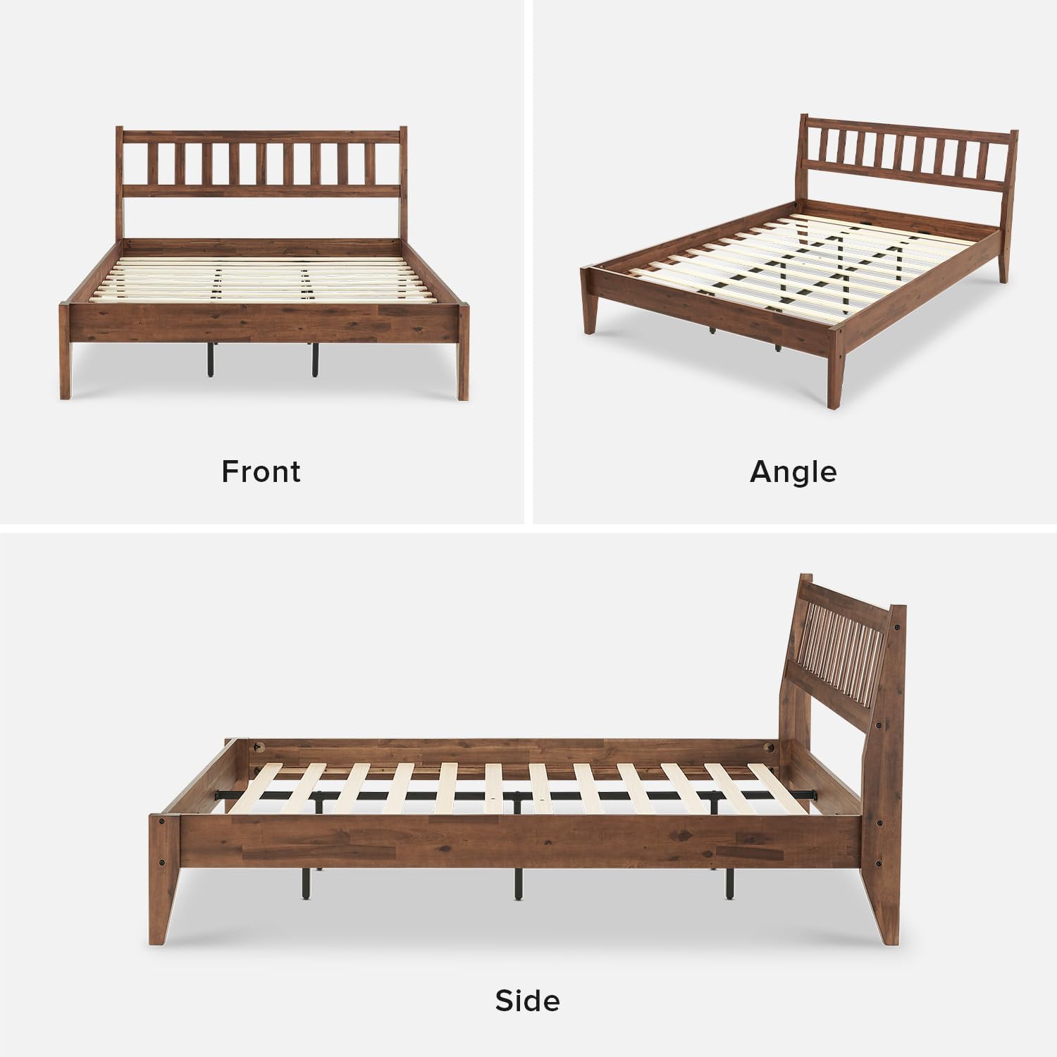 mopio Ted Bed Frame with Headboard, Mid Century Modern Acacia Solid Wood Platform Bed Frame, Wooden Slats, No Box Spring, Double Metal Bar Support (Solid Wood, Queen (U.S. Standard))