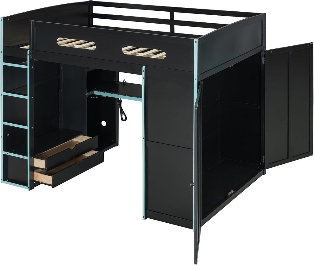 Ball & Cast Full Size Gaming Bed with Desk and Wardrobe,Wood Gamer Bed Frame w/Ample Storage Space & RGB Light,Full-Length Guardrails,USB Port,Ladder,Bedroom Furniture for Student Dorms,Cloud Blue