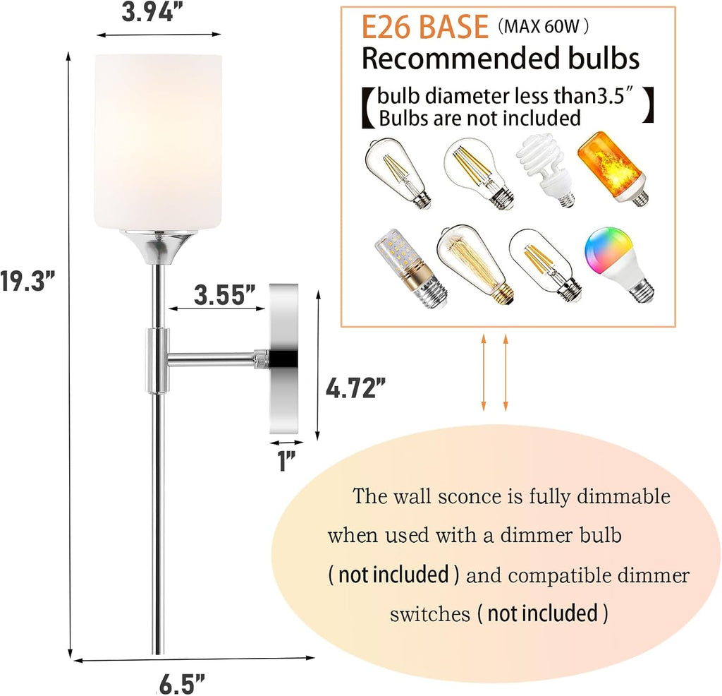 BYOLIIMA Modern Wall Sconce Set of 2 White Cylinder Glass Shades Mid Century Bathroom Vanity Wall Light Fixtures Industrial Wall Lamp for Bedroom Mirror Living Room Restaurant(Chrome Color)