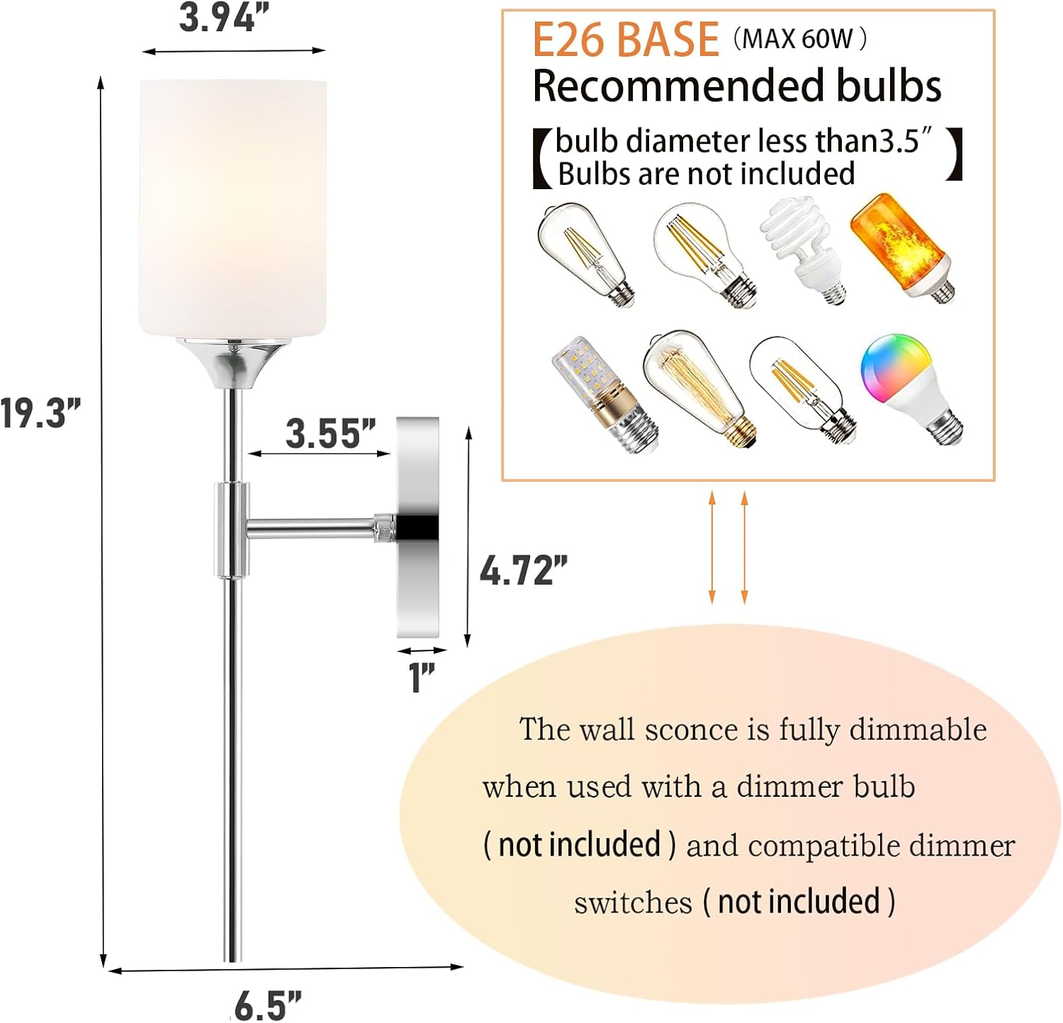 BYOLIIMA Modern Wall Sconce Set of 2 White Cylinder Glass Shades Mid Century Bathroom Vanity Wall Light Fixtures Industrial Wall Lamp for Bedroom Mirror Living Room Restaurant(Chrome Color)