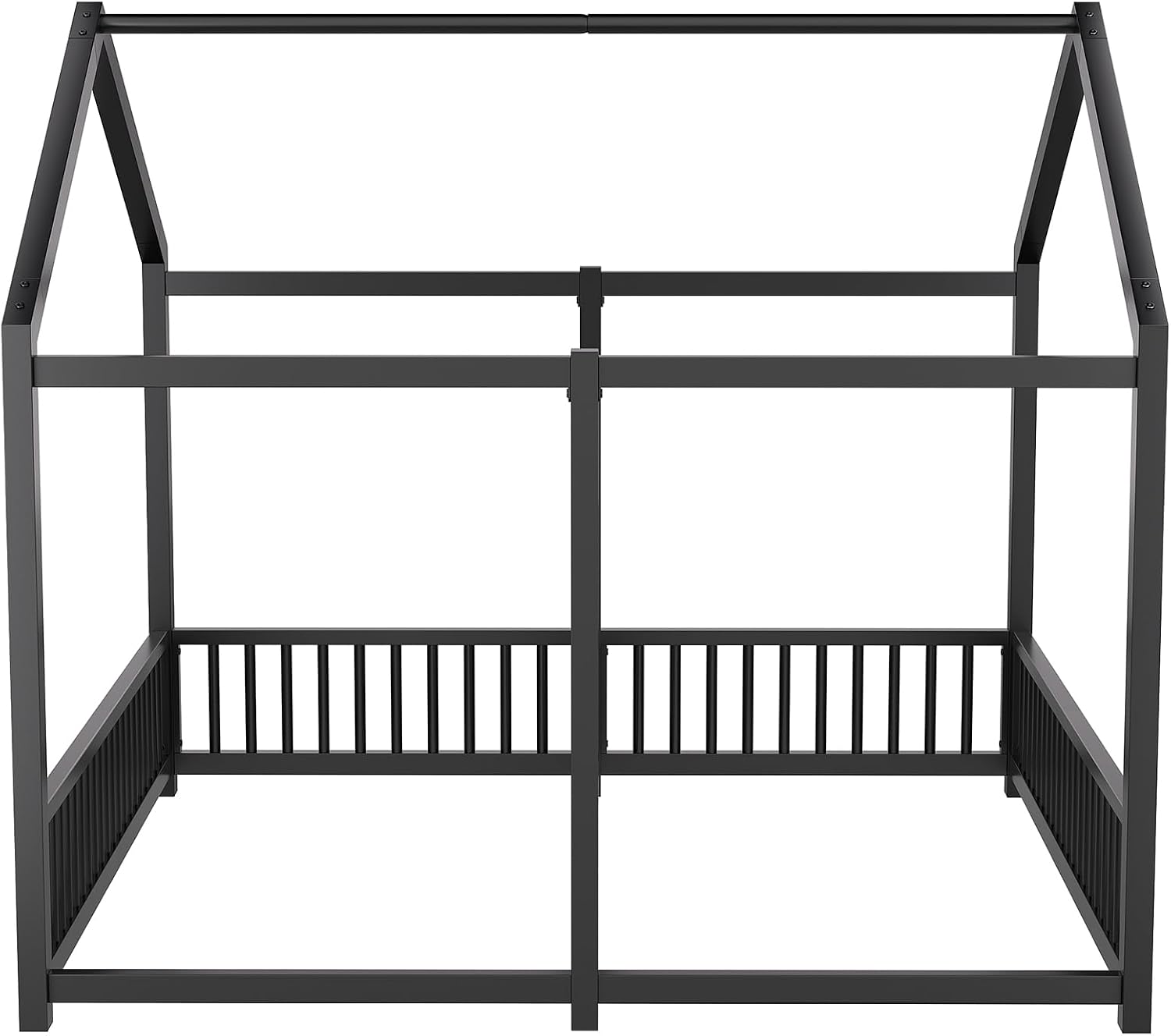 PVWIIK Double Montessori Floor Bed with Fence & Roof,Easy Assemble Bed Frame for Two Kids Teens Boys Girls,Twin Floor Bed, Black