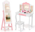 Costzon Kids Vanity & Jewelry Armoire Cabinet, Kids Makeup Vanity Table and Chair Set, Standing Jewelry Organizer with Full-Length Mirror, Kids Bedroom Furniture Set for Girls (White)