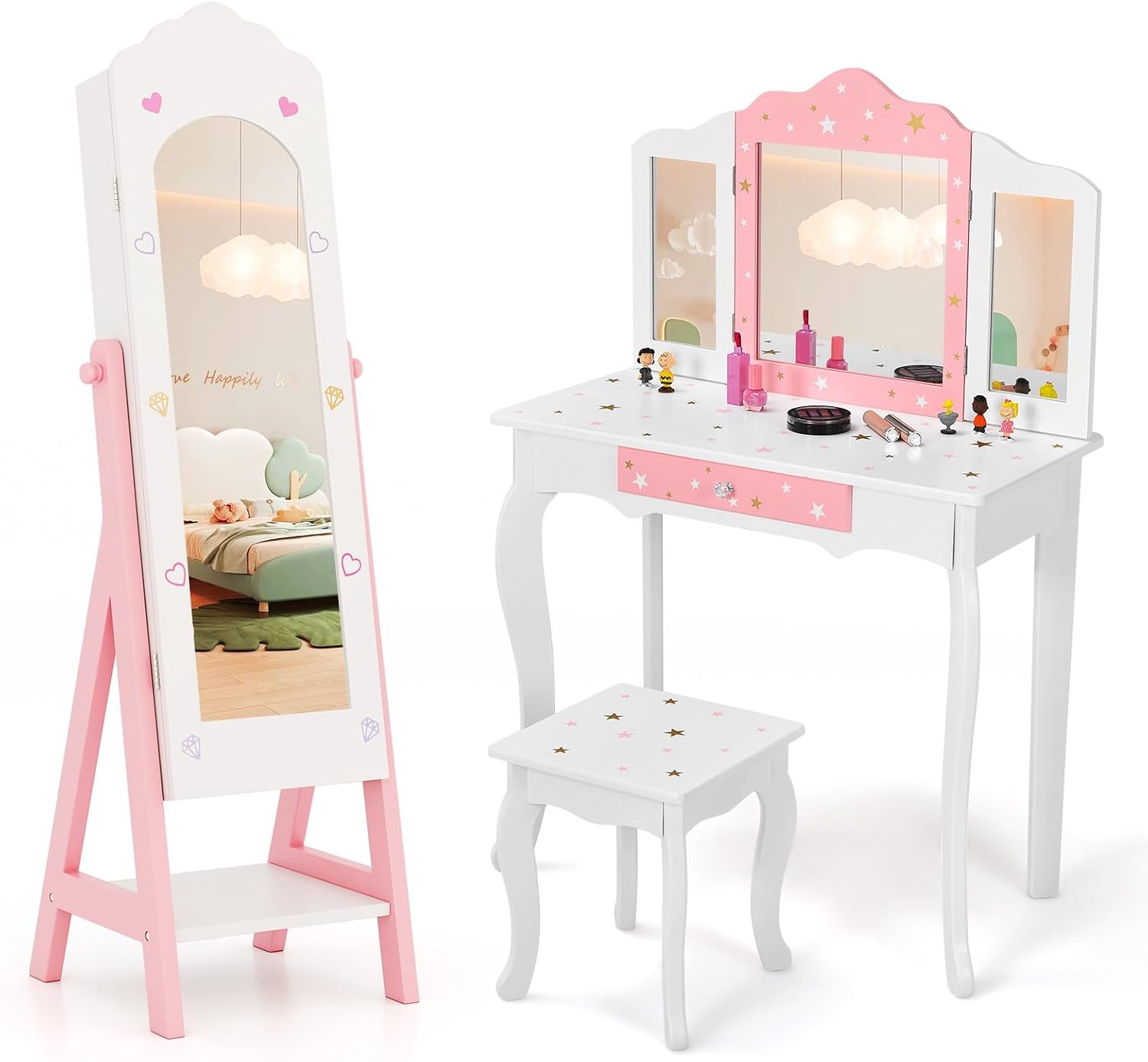 Costzon Kids Vanity & Jewelry Armoire Cabinet, Kids Makeup Vanity Table and Chair Set, Standing Jewelry Organizer with Full-Length Mirror, Kids Bedroom Furniture Set for Girls (White)