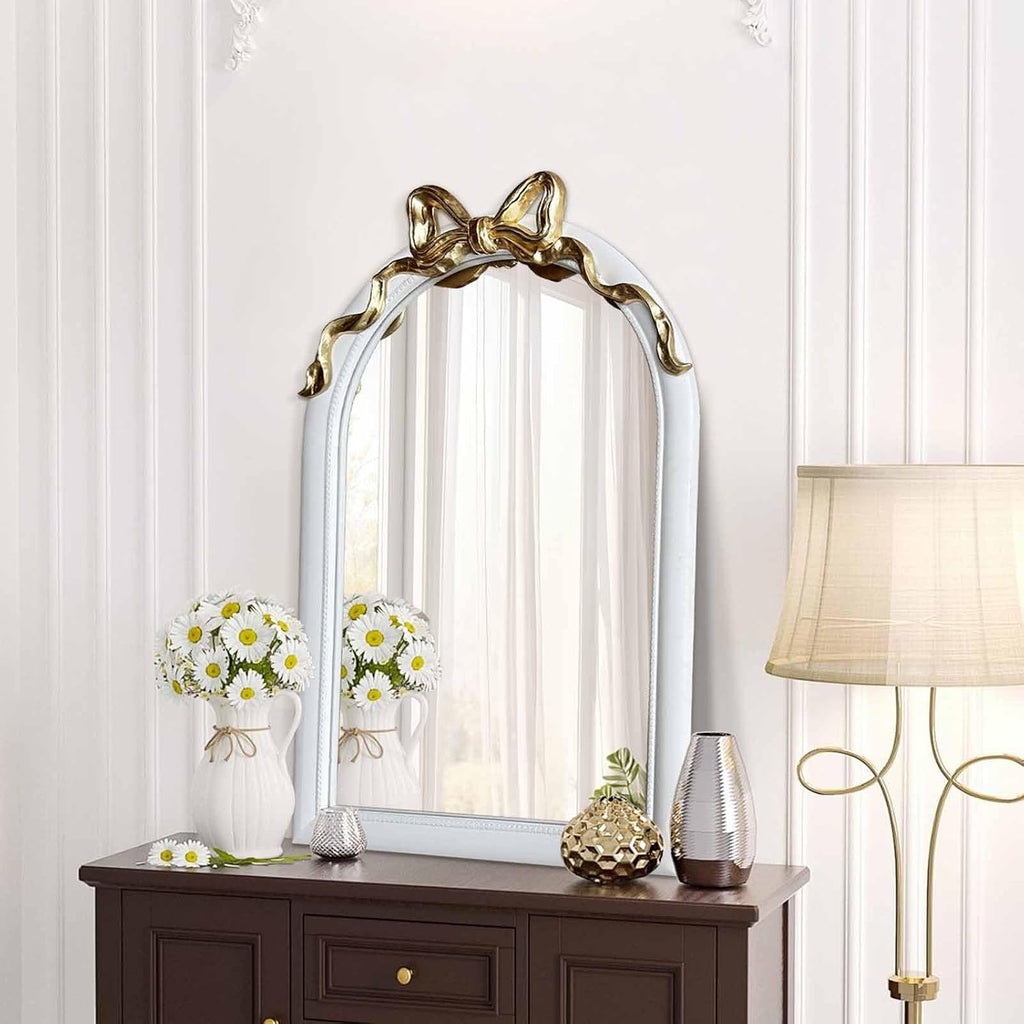 36x24 Arched White Bow Wall Mirror with Gold Ribbon, Vintage Vanity Mirror for Bedroom & Nursery Decor, Cute Coquette Aesthetic Engineered Wood Frame, Shabby Chic Style