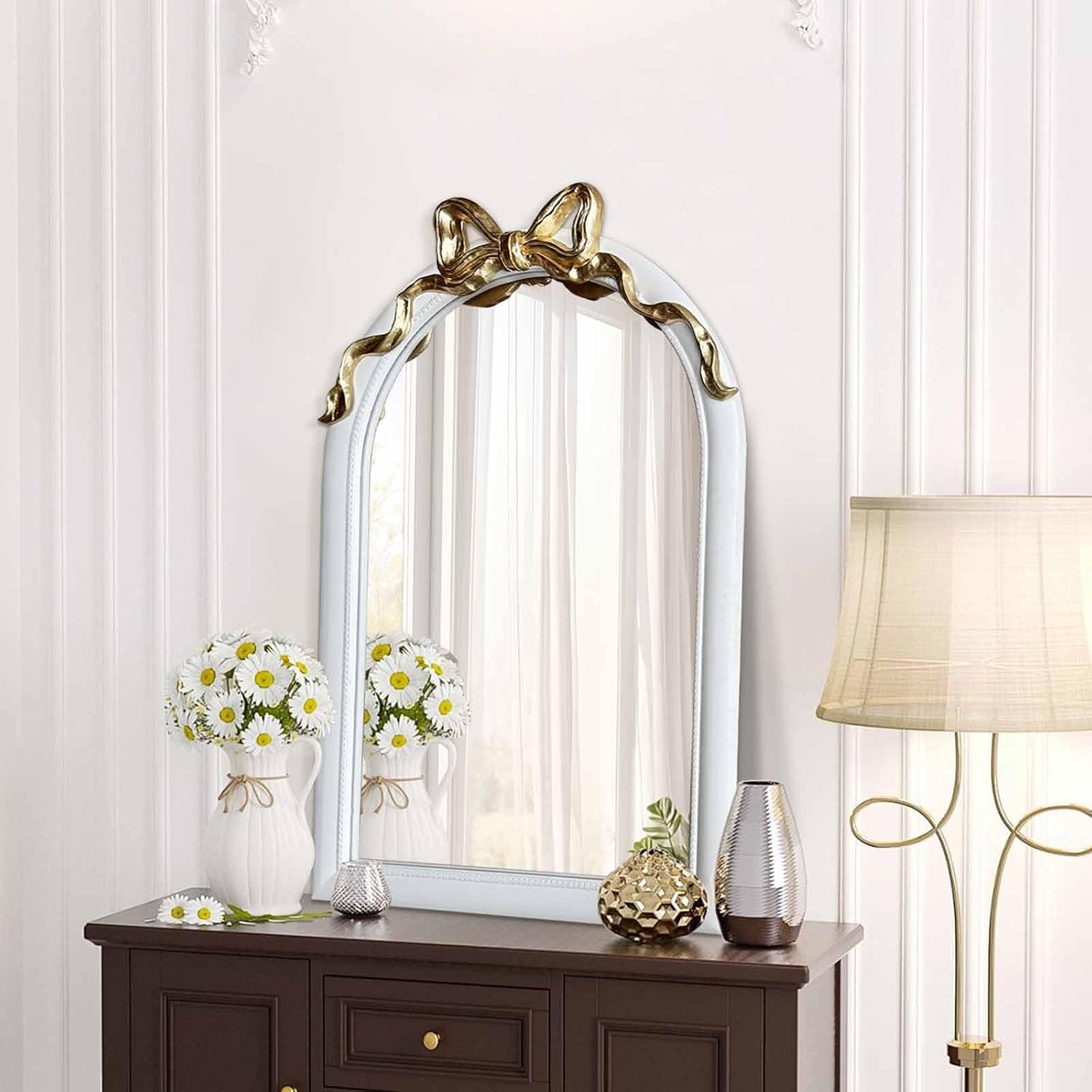 36x24 Arched White Bow Wall Mirror with Gold Ribbon, Vintage Vanity Mirror for Bedroom & Nursery Decor, Cute Coquette Aesthetic Engineered Wood Frame, Shabby Chic Style