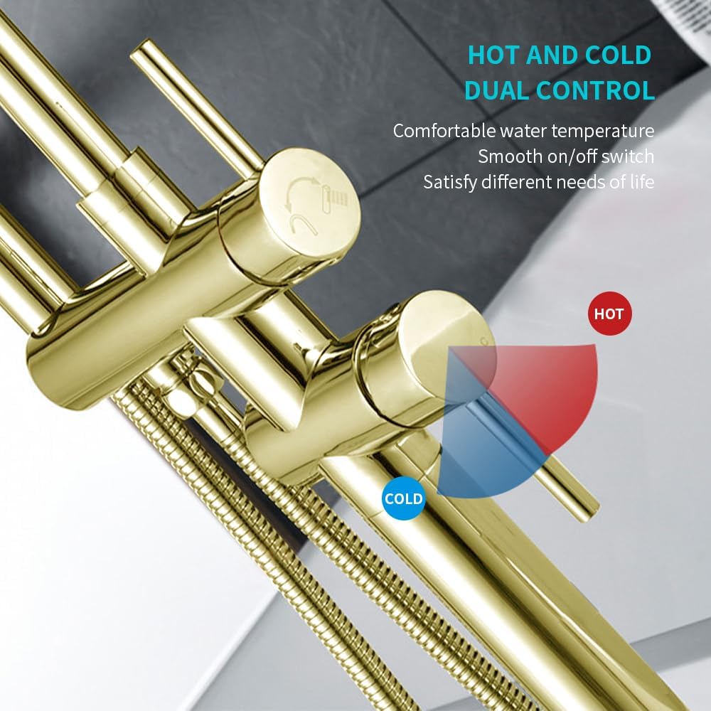 Floor Mount Bathtub Faucet, Freestanding Tub Filler, Standing Swivel Spout Shower Faucets Shower Mixer Taps with Cylinder Handheld Shower (Brushed Gold, With Embedded Box)